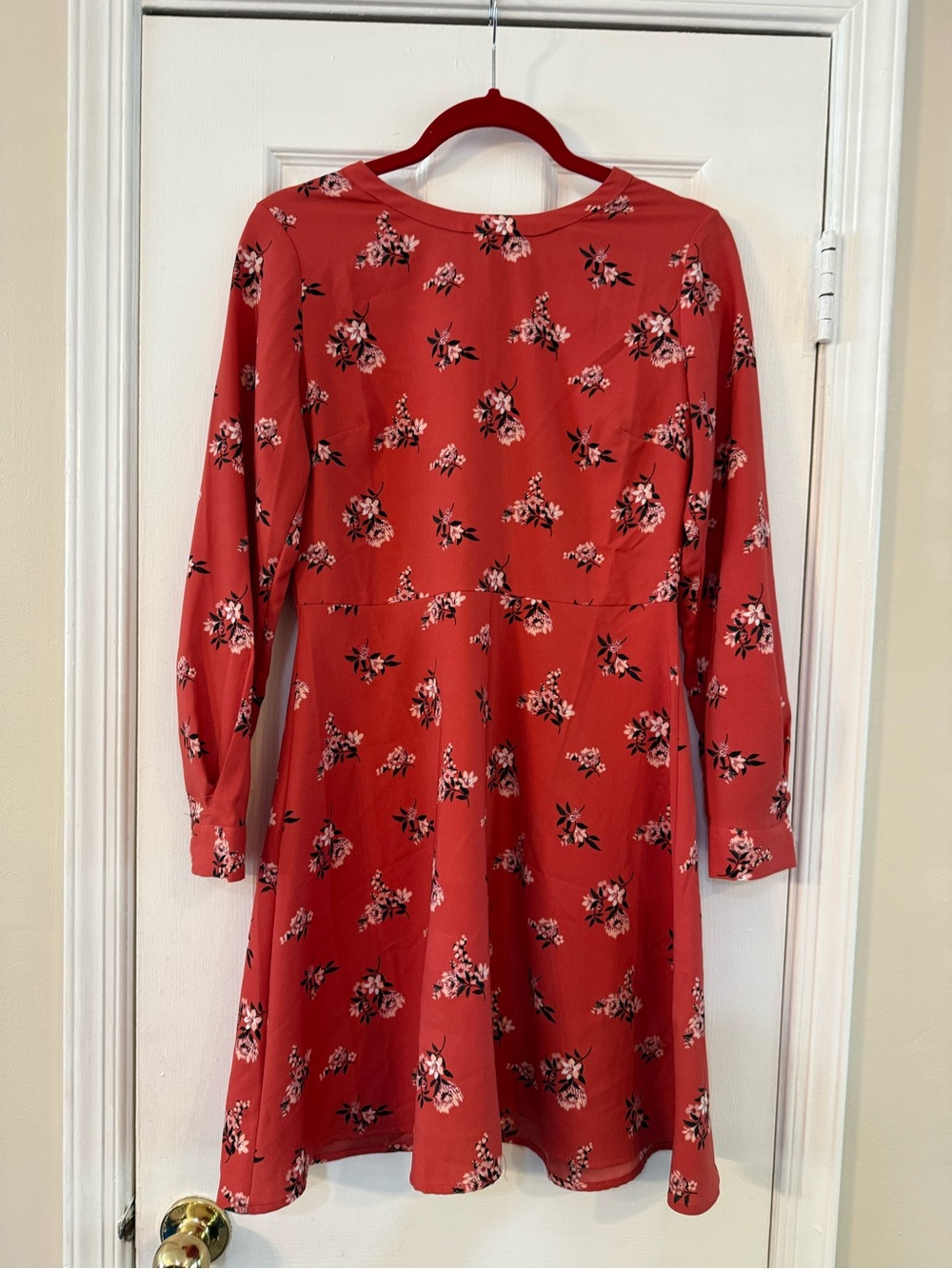 LOFT Burnt Orange Floral Long-Sleeve Fit-and-Flare Dress